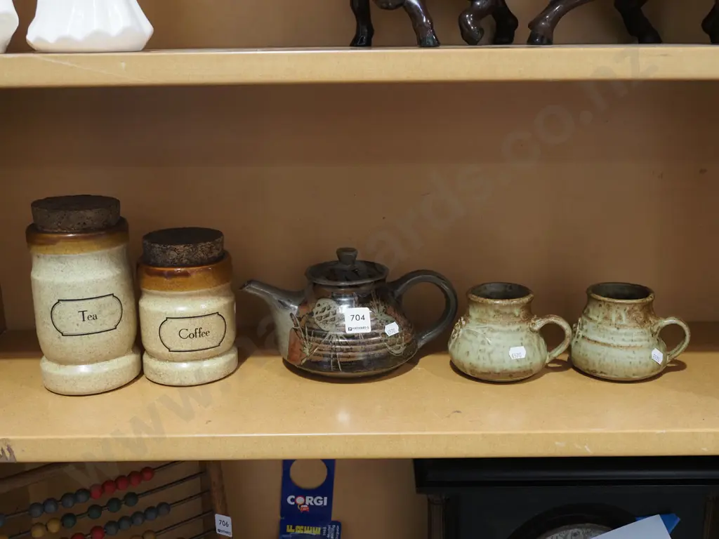 2x pottery cups, teapot, 2x lidded canisters Image 1++