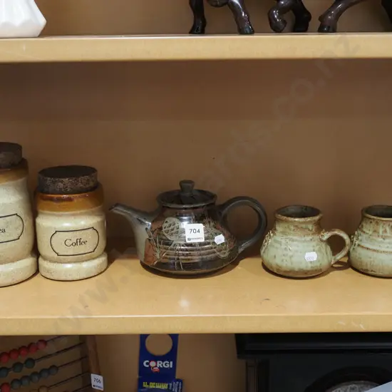 2x pottery cups, teapot, 2x lidded canisters