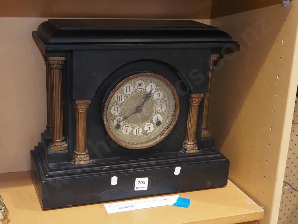 wood cased mantel clock - damage to case, borer, loose glass H320 Image 1++