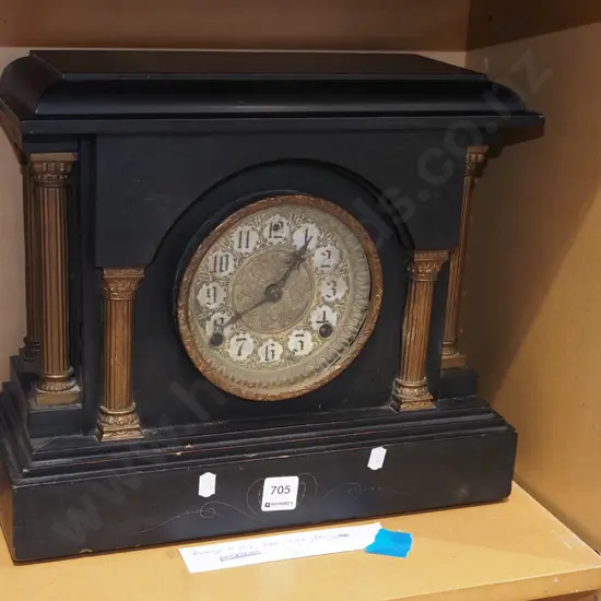 wood cased mantel clock - damage to case, borer, loose glass H320