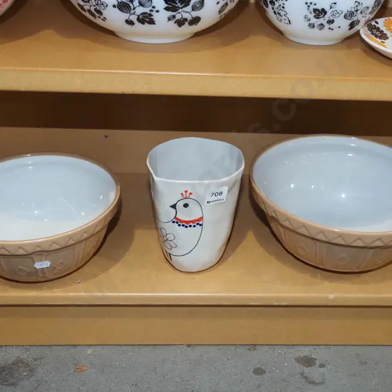 2x mixing bowls, bird themed vase H155