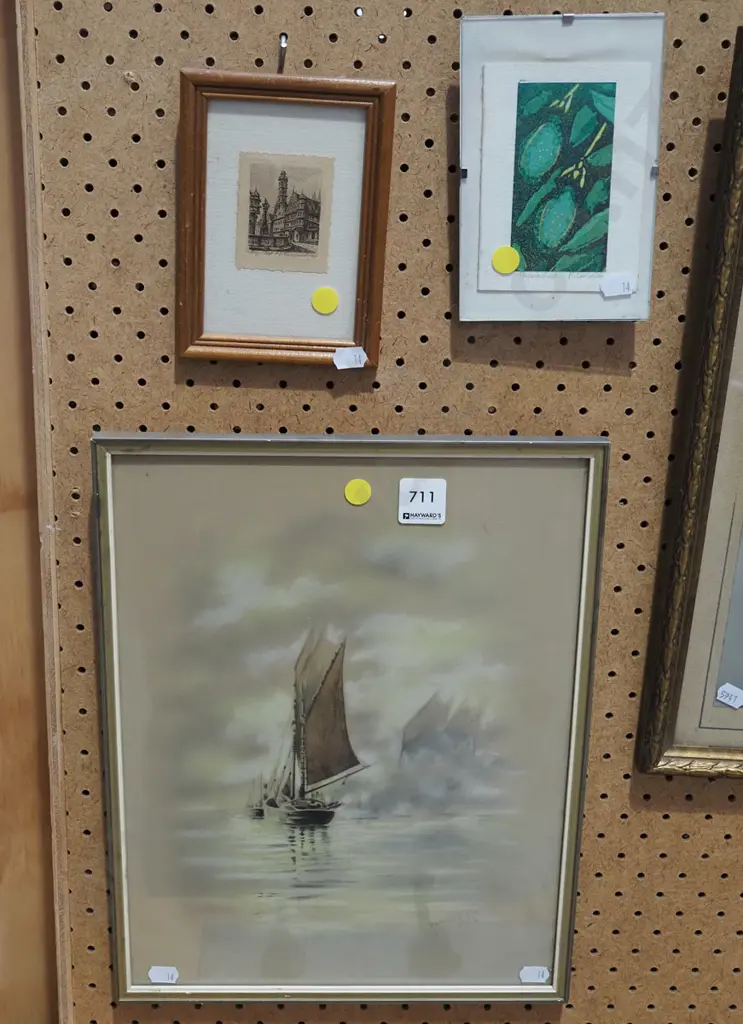 framed etching, print, sail boat - yellow dots Image 1++