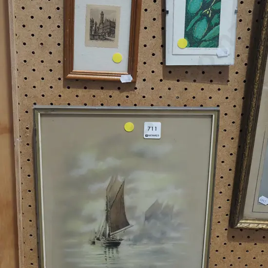 framed etching, print, sail boat - yellow dots