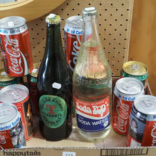coca cola collector cans, beer bottle, soda bottle 