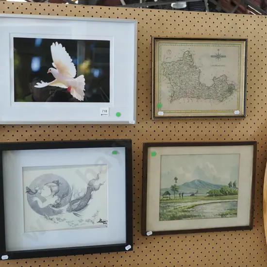 frame dove photograph, framed pencil, map of berkshire, paddy fieldds - gr