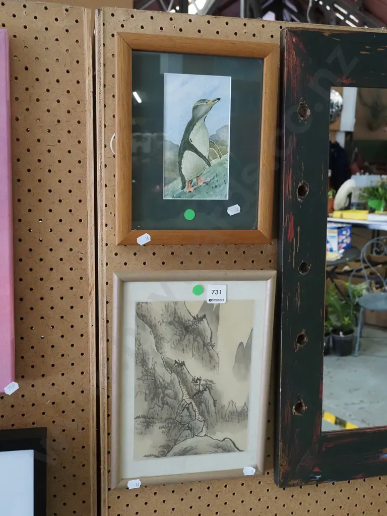 framed penguin watercolour, Chinese ink landscapes - green dots Image 1++