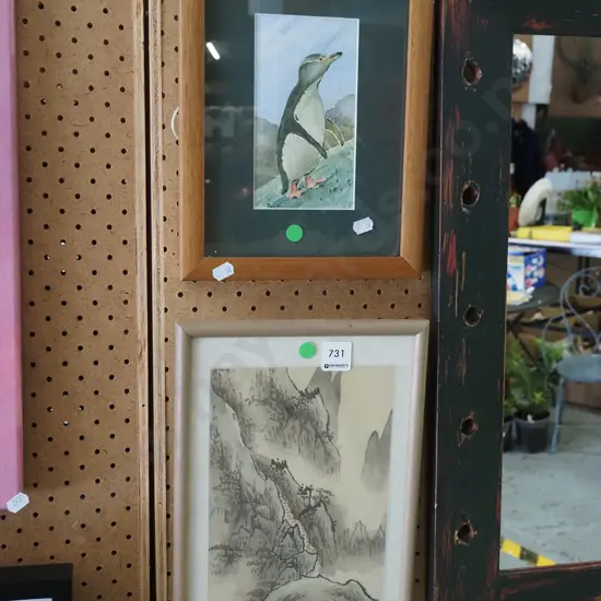 framed penguin watercolour, Chinese ink landscapes - green dots