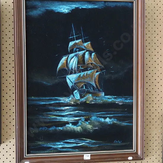 oil on velvet - sailing ship