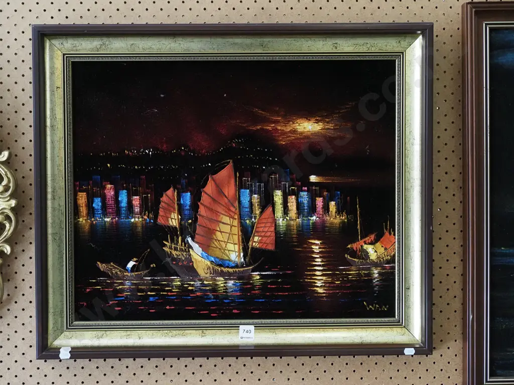 acrylic on velvet - sampans in Hong Kong Harbour Image 1++
