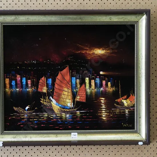 acrylic on velvet - sampans in Hong Kong Harbour