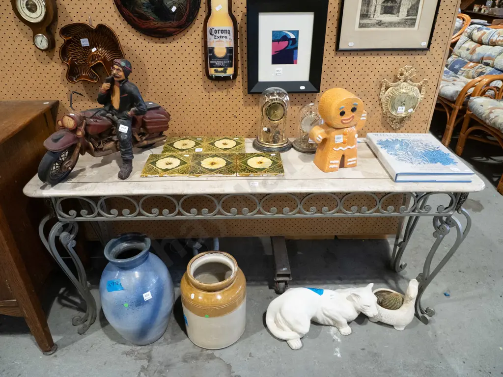 contemporary marble? top hall table with wrought metal base H660 W1470 D400 Image 1++
