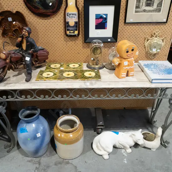 contemporary marble? top hall table with wrought metal base H660 W1470 D400