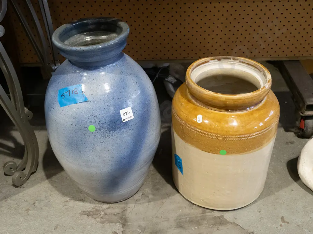 blue glazed terracotta vase - repair and cracks to neck and rim H440, salt glazed crock - chips to rim Image 1++