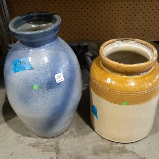 blue glazed terracotta vase - repair and cracks to neck and rim H440, salt glazed crock - chips to rim