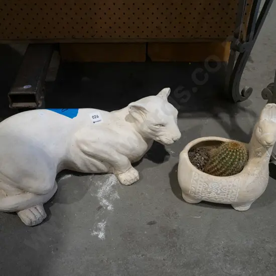 cast concrete cat garden ornament,  cacti in composite planter