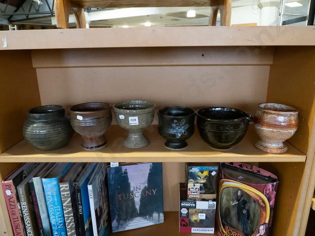 shelf of studio pottery vases, bowls, goblets Tallest H120 Image 1++