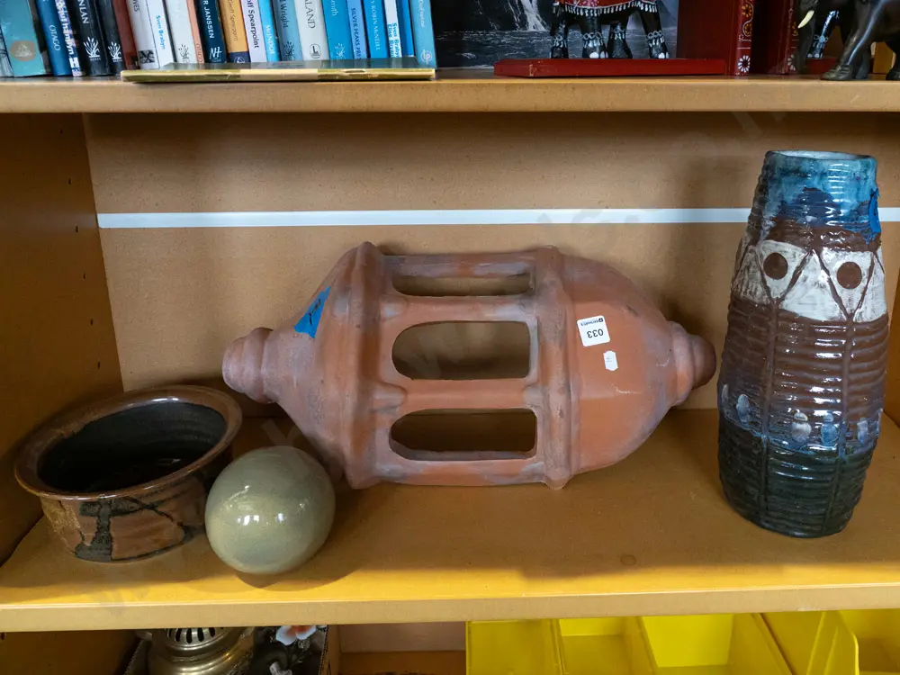 shelf; studio pottery vase H330, terracotta wall hanging, pottery bowl etc Image 1++