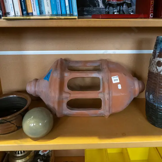 shelf; studio pottery vase H330, terracotta wall hanging, pottery bowl etc