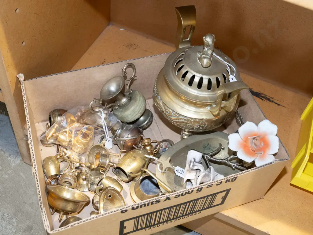 box; brass miniatures, heavy brass storage canister/incense burner H180 etc Image 1++