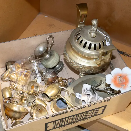 box; brass miniatures, heavy brass storage canister/incense burner H180 etc