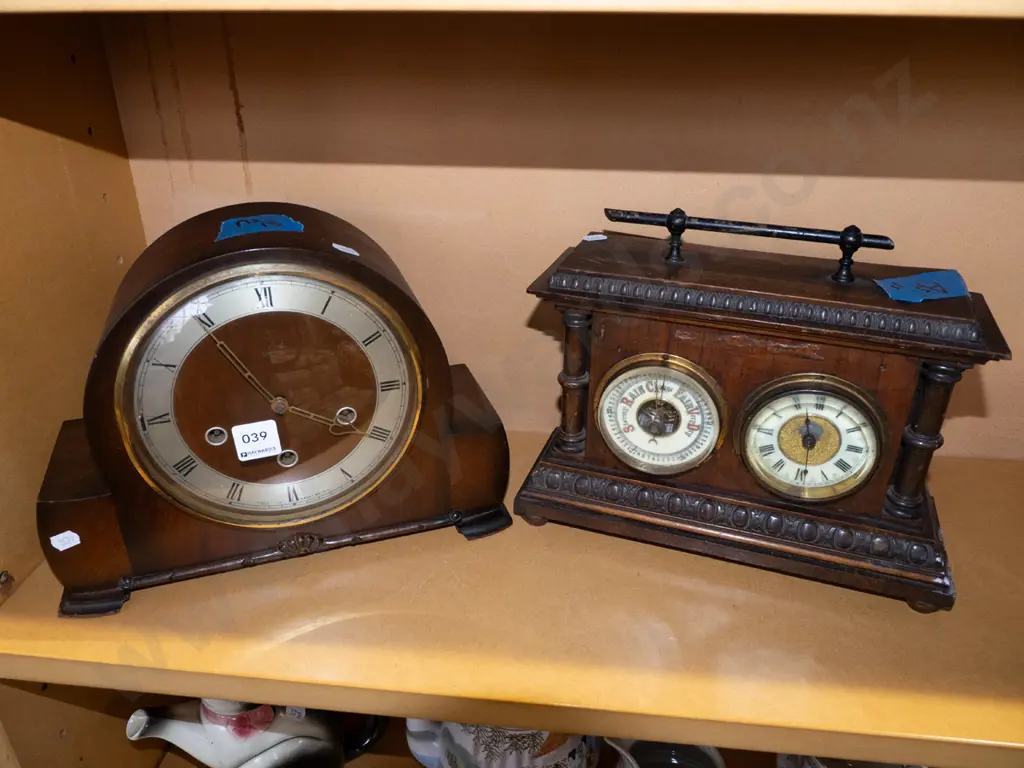 wood cased Smiths mantel clock, vintage cased mantel clock and barometer - both as is, working condition unknown Image 1++