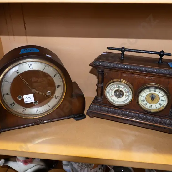 wood cased Smiths mantel clock, vintage cased mantel clock and barometer - both as is, working condition unknown