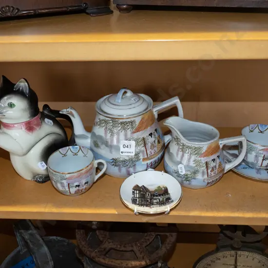 shelf; retro cat themed teapot - crazing, Asian teapot, jug etc