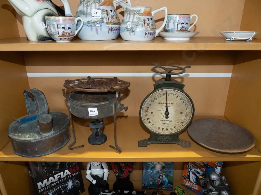 shelf; vintage copper kettle, rusty camp stove, rusty scales Image 1++