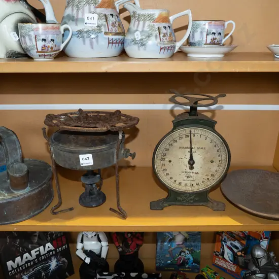 shelf; vintage copper kettle, rusty camp stove, rusty scales