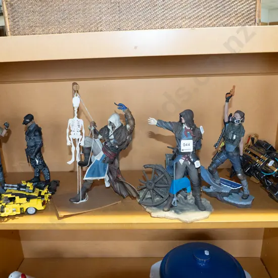 shelf; assorted UBI collectible figurines, 2x model vehicles