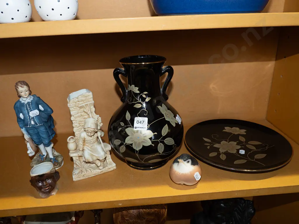 shelf; bird figurine - chip, double handled vase, plate etc Image 1++