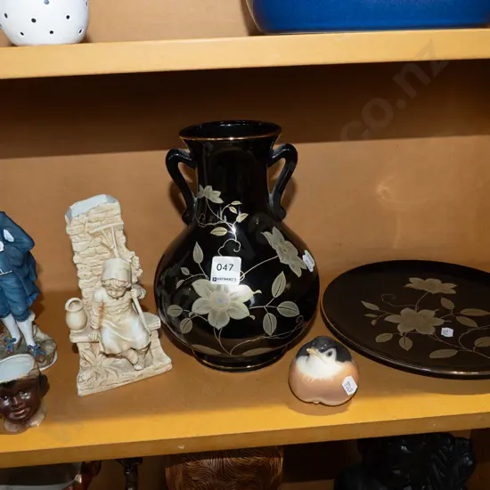 shelf; bird figurine - chip, double handled vase, plate etc