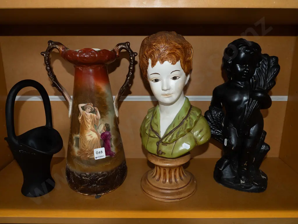 shelf; double handled vase - repair to neck H320, composite cherub figurine, black ceramic basket vase etc Image 1++