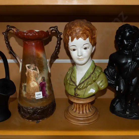 shelf; double handled vase - repair to neck H320, composite cherub figurine, black ceramic basket vase etc