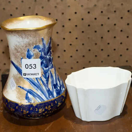 Royal Doulton blue iris vase -  hairline crack H130, Wedgwood dish