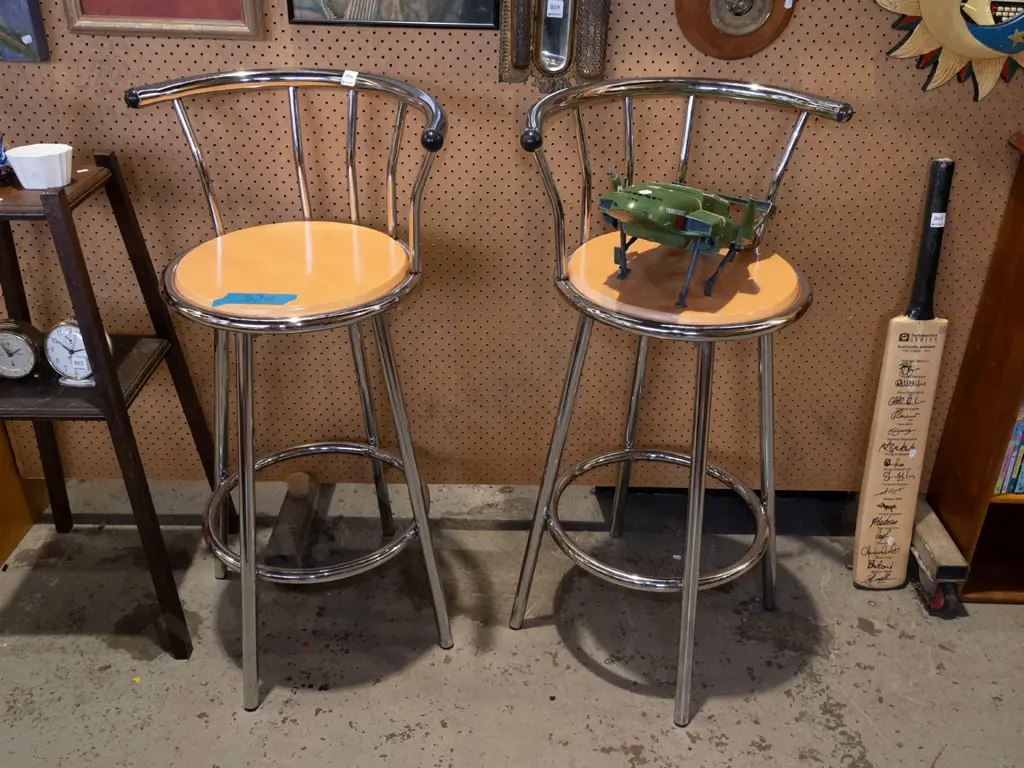 pair of chrome and wood bar stools Image 1++