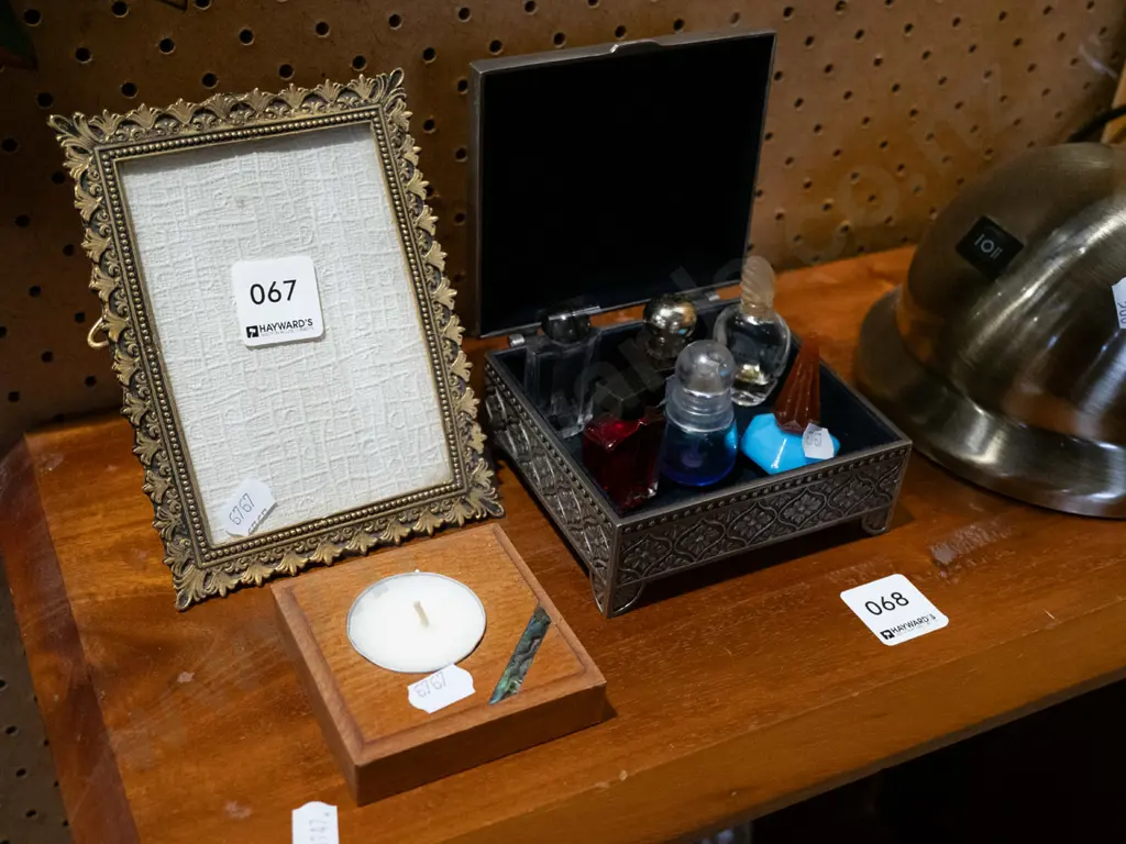 brass photo frame, candle, perfume bottles etc Image 1++