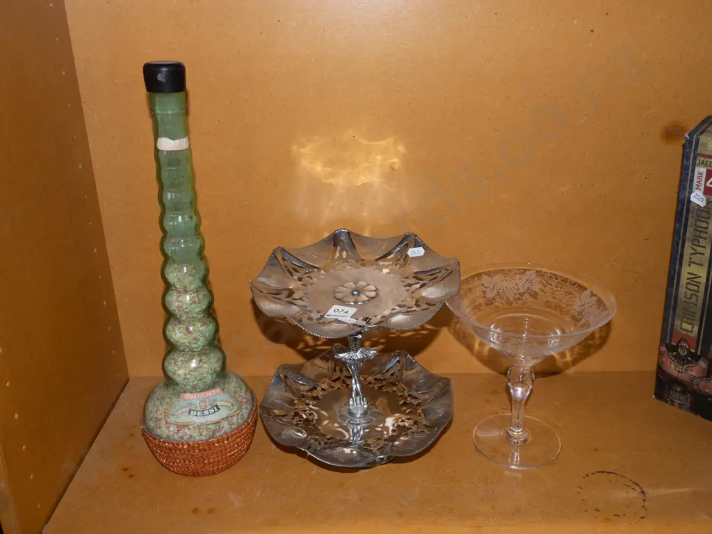 Chianti bottle of sand, plated cake plate and comport Image 1++