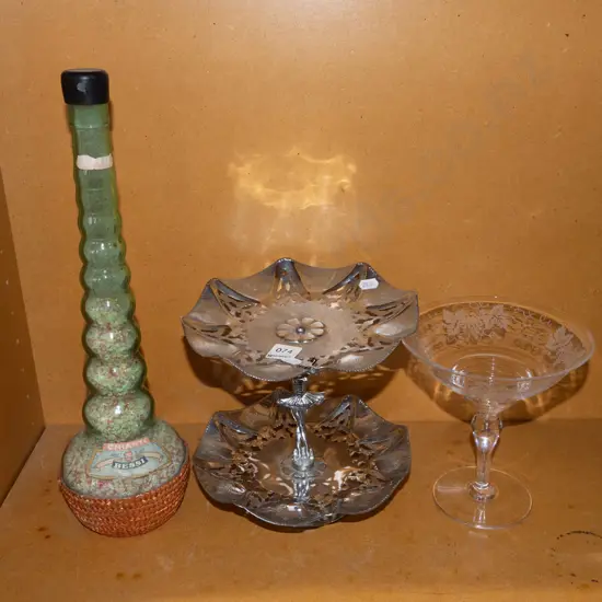 Chianti bottle of sand, plated cake plate and comport