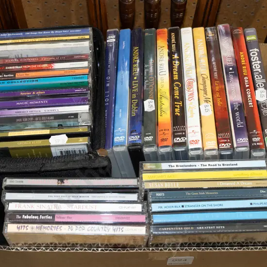 box; DVDs, CDs