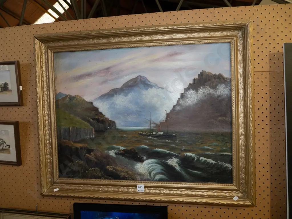 colonial oil on board - ship in Fiordland - warping to board and age damage Image 1++
