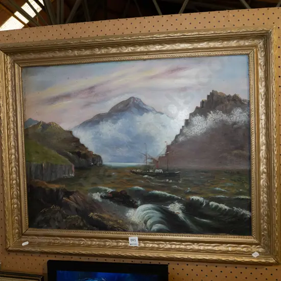 colonial oil on board - ship in Fiordland - warping to board and age damage