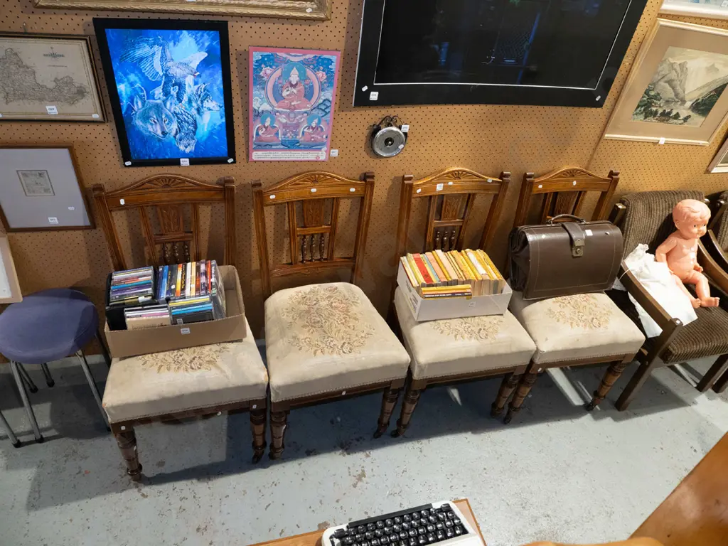 4x mahogany spindle back and carved dining chairs - needlework worn and stained Image 1++