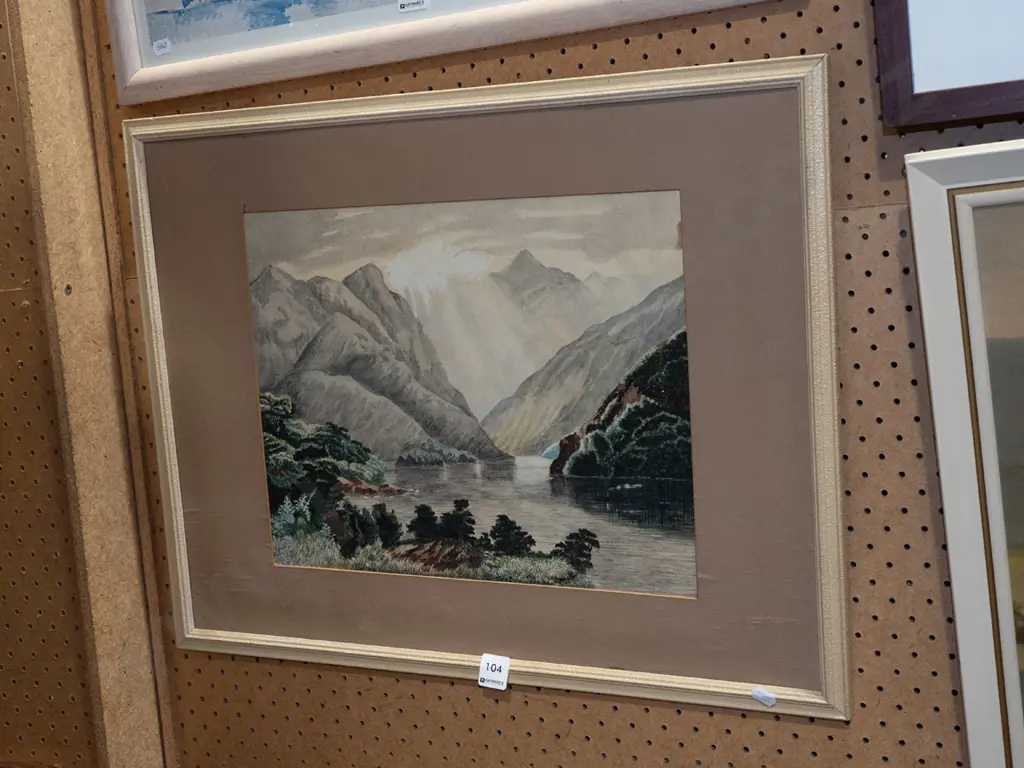 framed watercolour - river and mountain scene - missing glass, needs attention Image 1++