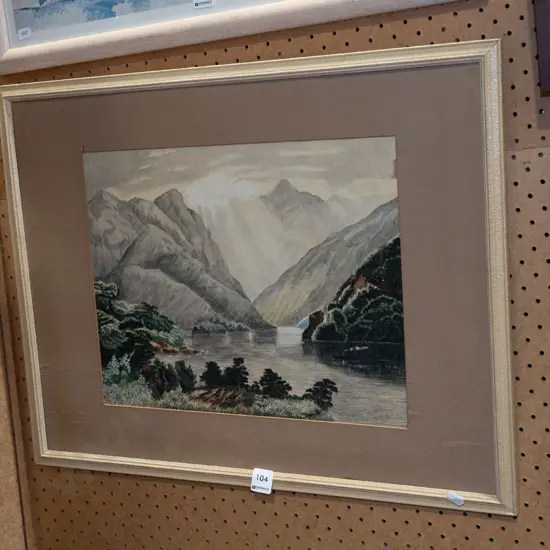 framed watercolour - river and mountain scene - missing glass, needs attention