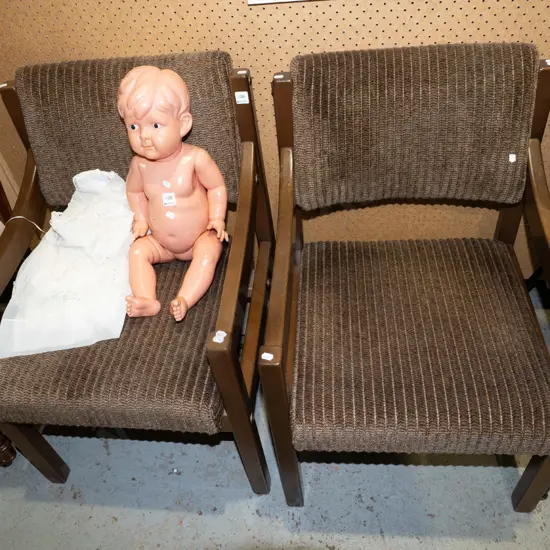 2x wood and brown upholstered reception chairs