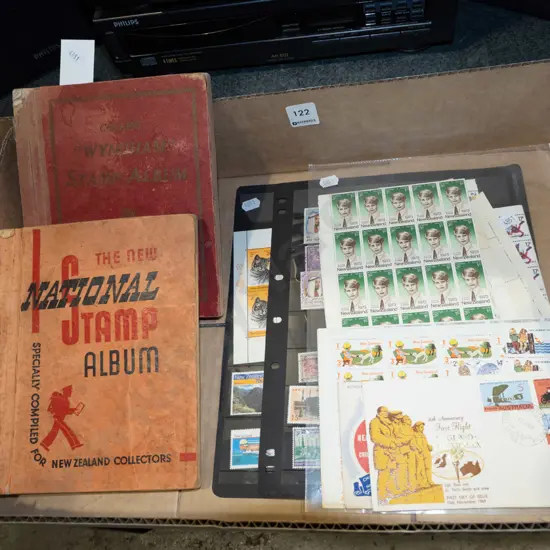 box; stamp albums, stamps