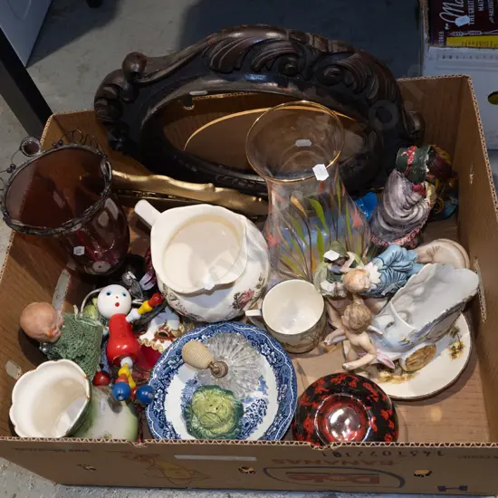 box; figurines, Victorian carved wood frames, jug etc