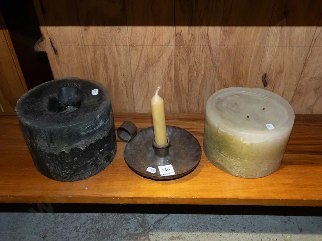 2x large candles, chamber stick with candle Image 1++