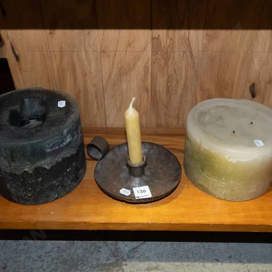 2x large candles, chamber stick with candle